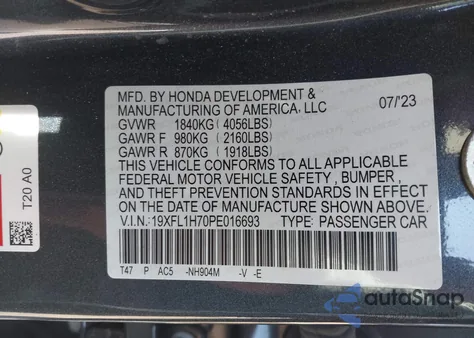 2023 Honda Civic Ex-L /Ex-L W/O Bsi from USA, damaged, VIN 19XFL1H70PE016693